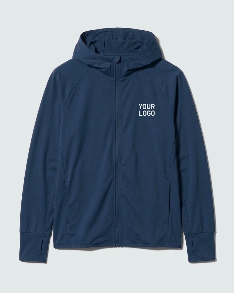 Navy hooded UV zip jacket with YOUR LOGO placeholder on the chest